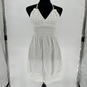 Cotton Natural Martinique White Halter Short Dress Smocked 100% Cotton Sz Medium
